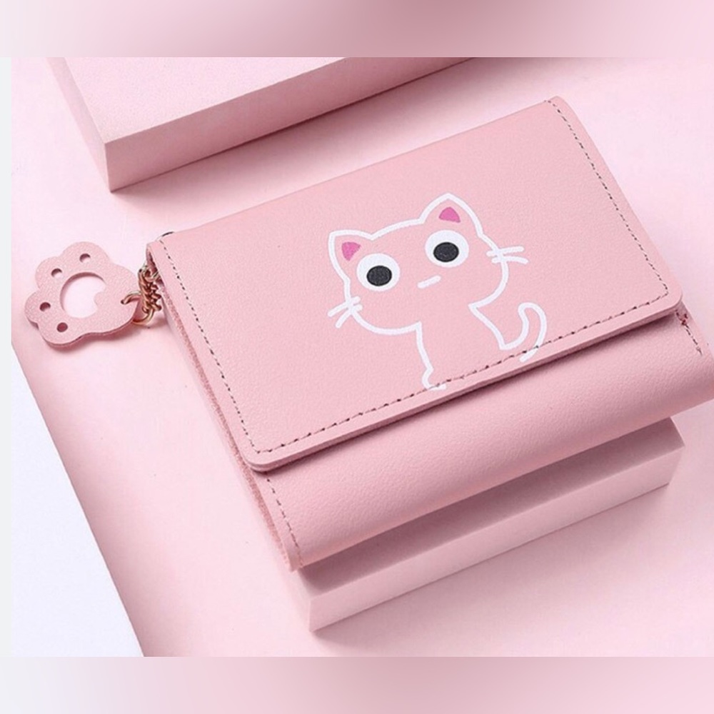 Small Trifold Wallet Card Holder - Pink Cat